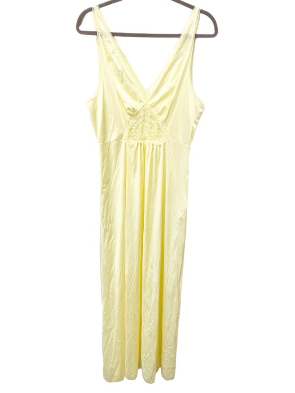 Vintage Nightgown Women's Large 1970s Texsheen Yellow Nylon Maxi NWT Dainty Lace